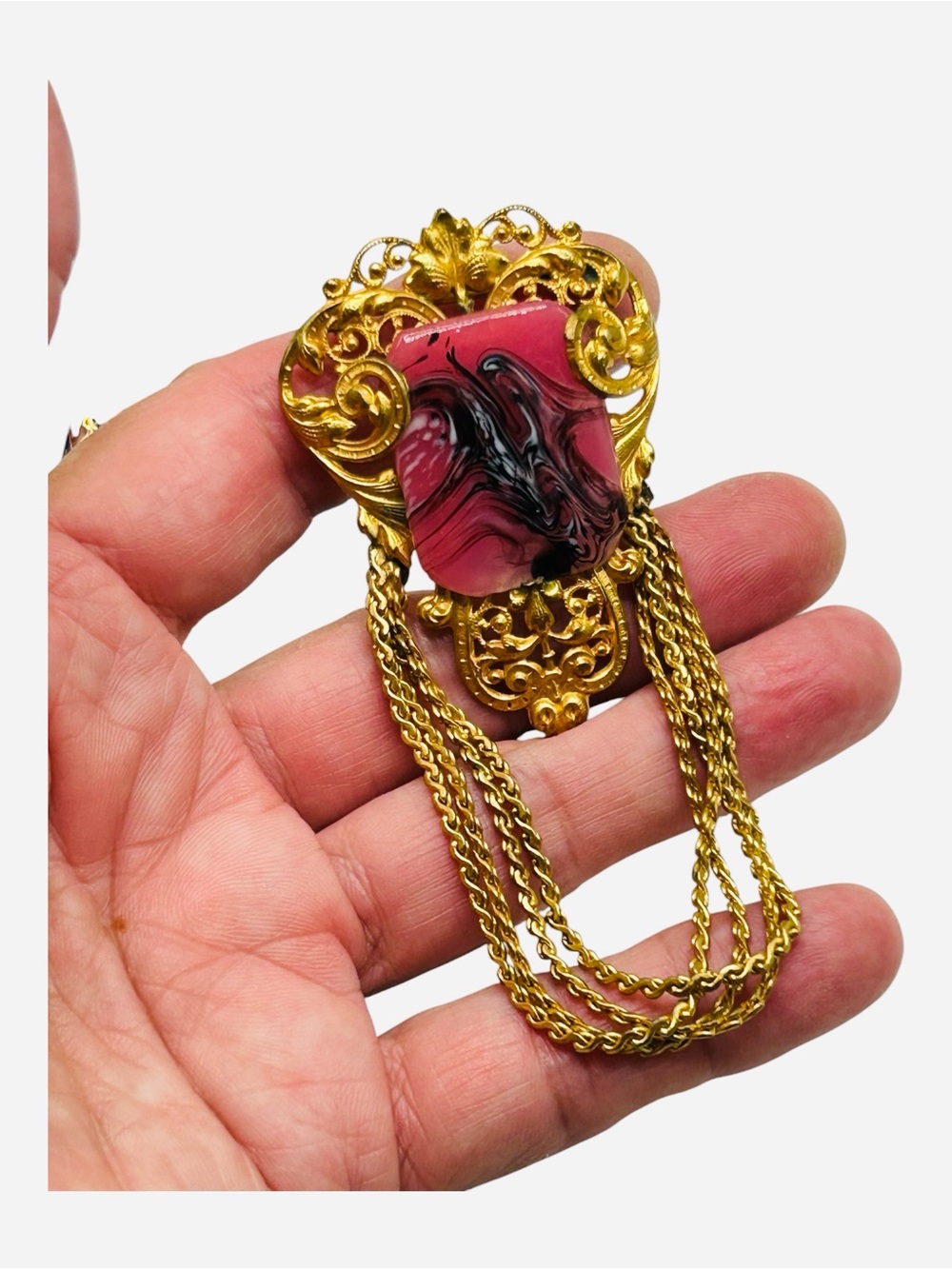 Vintage French Pink Art Glass Vase Chain Swag Brooch